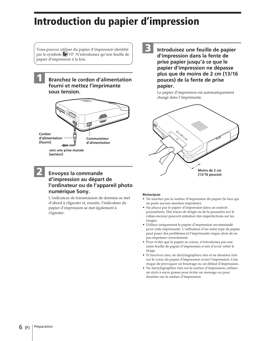 Sony DPP-M55 manual Introduction du papier d’impression 