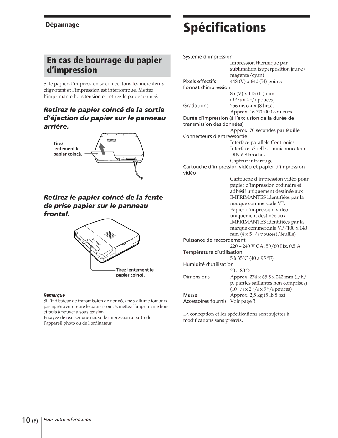 Sony DPP-M55 manual Spécifications, En cas de bourrage du papier ’impression, Dépannage, Remarque 