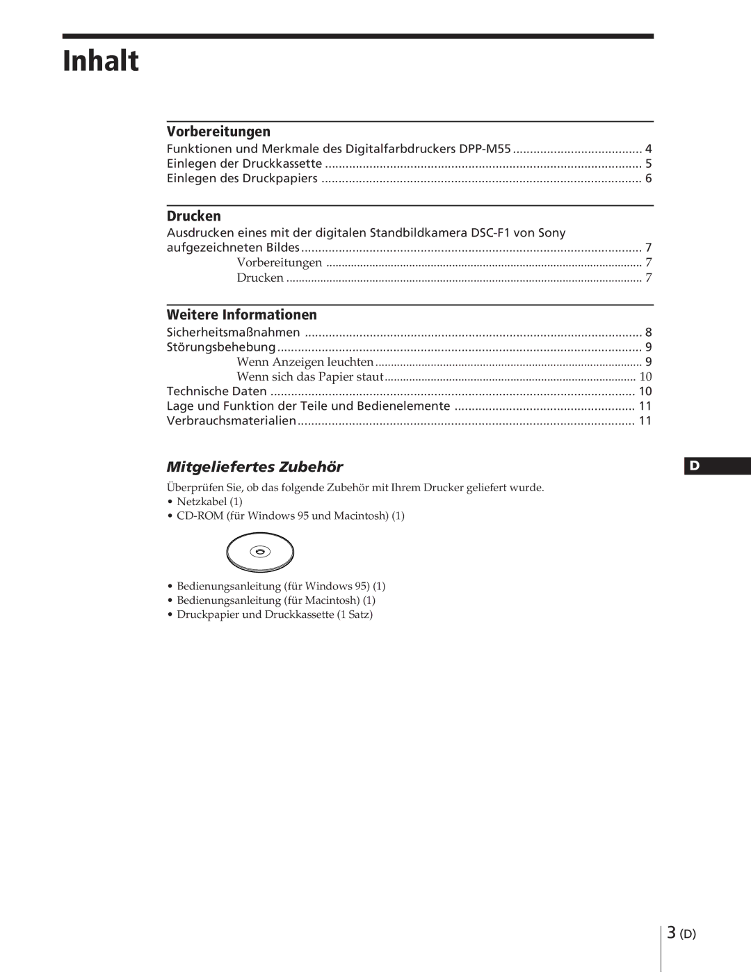 Sony DPP-M55 manual Inhalt, Vorbereitungen, Drucken, Weitere Informationen, Mitgeliefertes Zubehör 