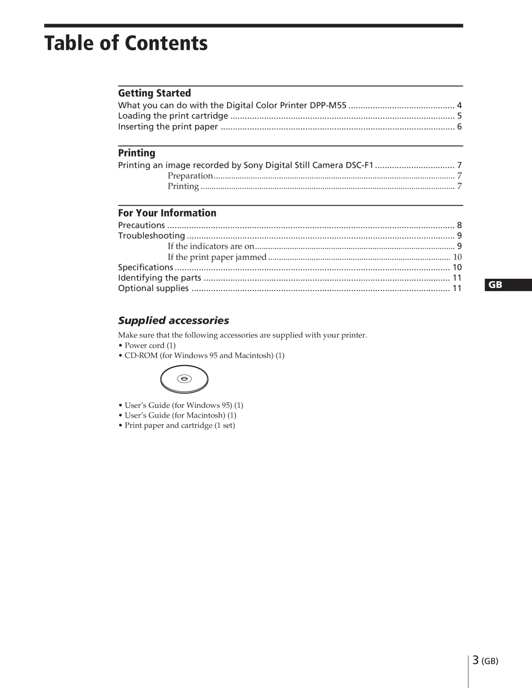 Sony DPP-M55 manual Table of Contents 