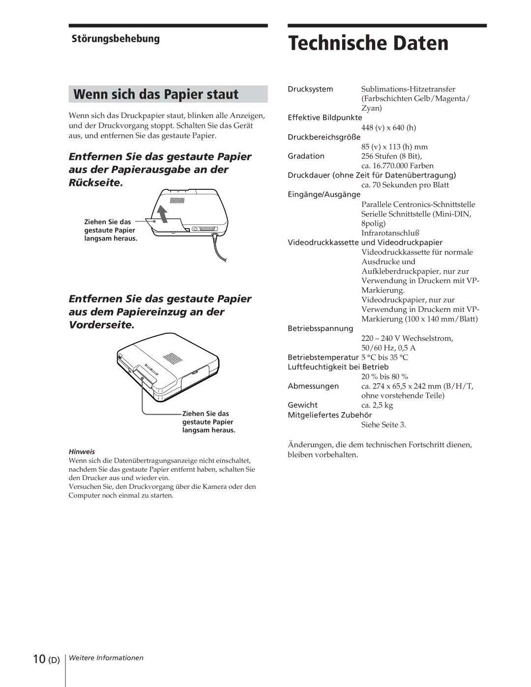 Sony DPP-M55 manual Technische Daten, Wenn sich das Papier staut, Störungsbehebung, Hinweis 