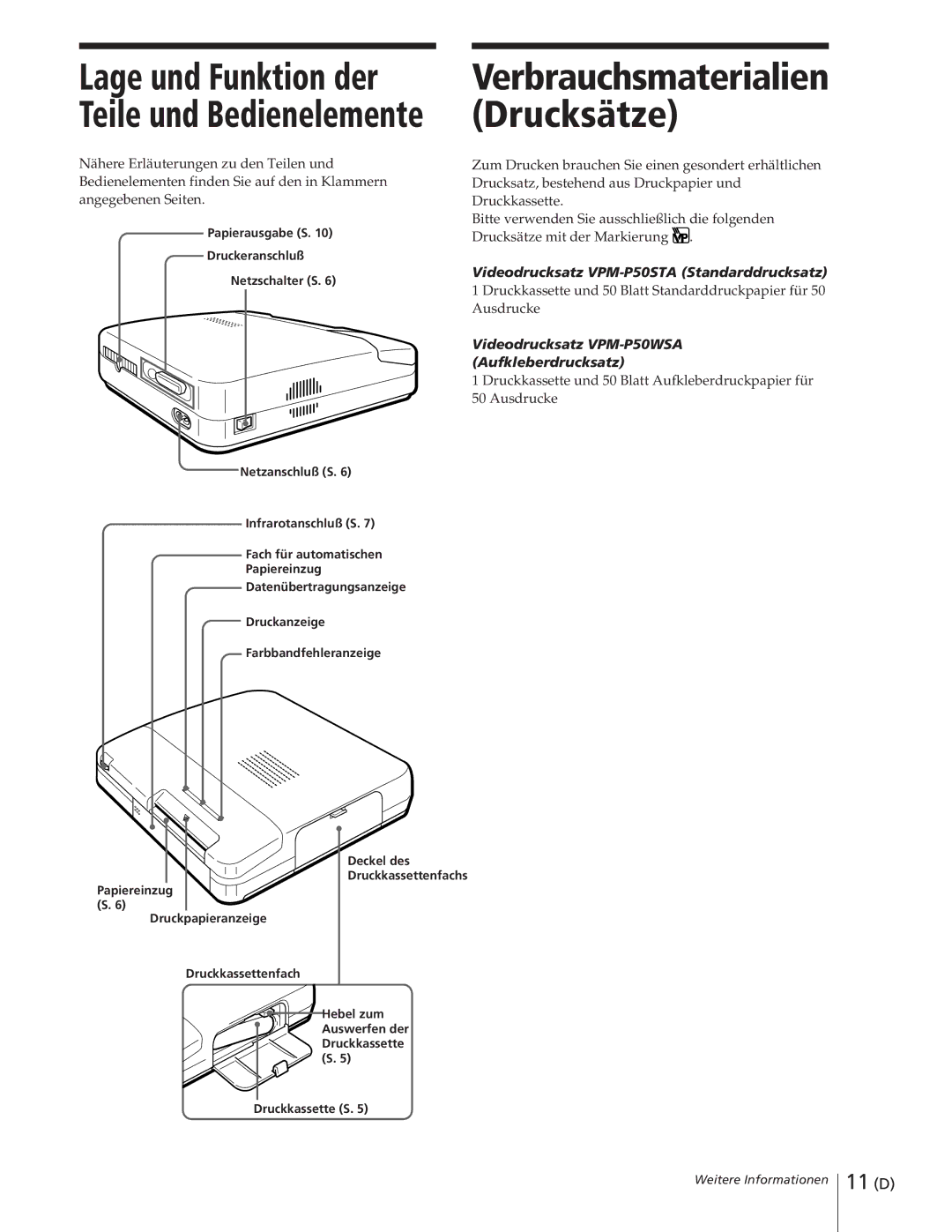 Sony DPP-M55 manual Drucksätze, Videodrucksatz VPM-P50STA Standarddrucksatz, Videodrucksatz VPM-P50WSA, Aufkleberdrucksatz 