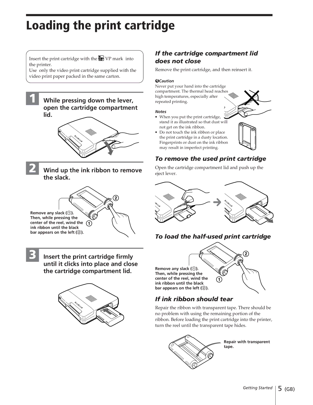 Sony DPP-M55 manual Loading the print cartridge, If the cartridge compartment lid does not close, If ink ribbon should tear 