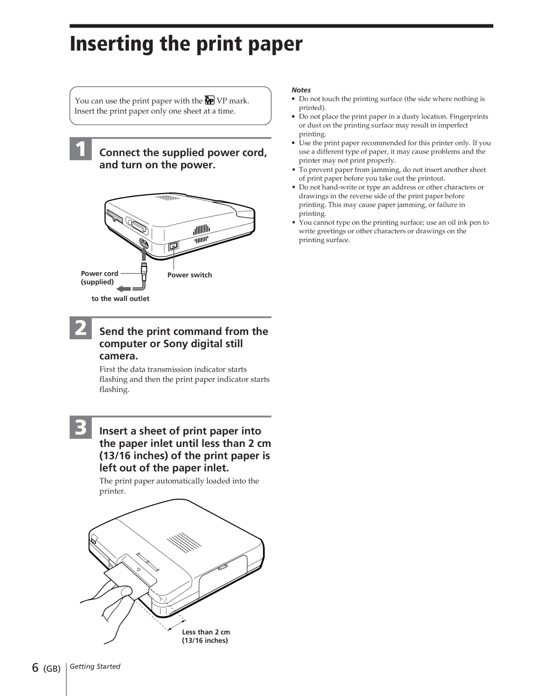 Sony DPP-M55 manual Inserting the print paper, Connect the supplied power cord, and turn on the power 