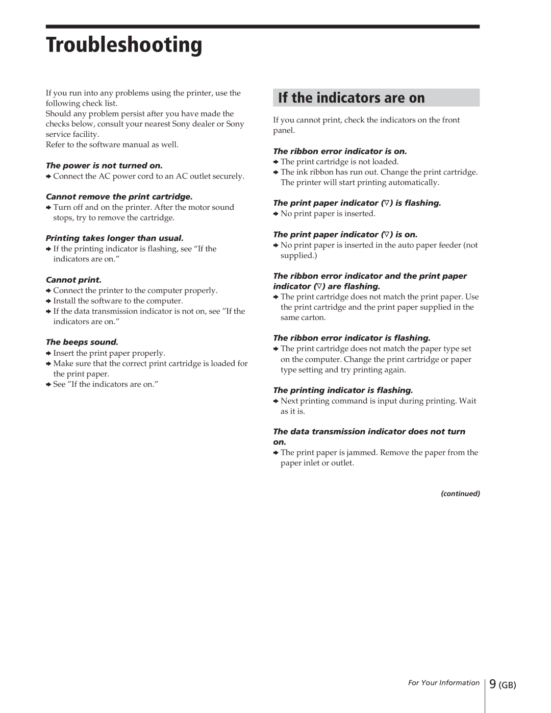 Sony DPP-M55 manual Troubleshooting, If the indicators are on 