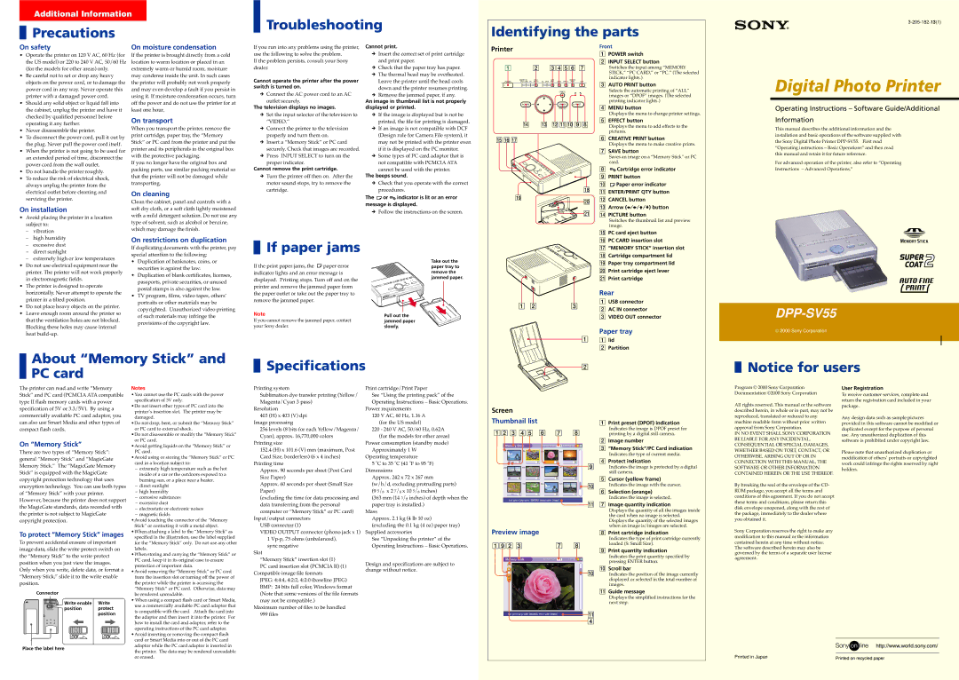 Sony DPP-SV55 operating instructions On safety, On moisture condensation, On transport, On installation, On cleaning, Rear 