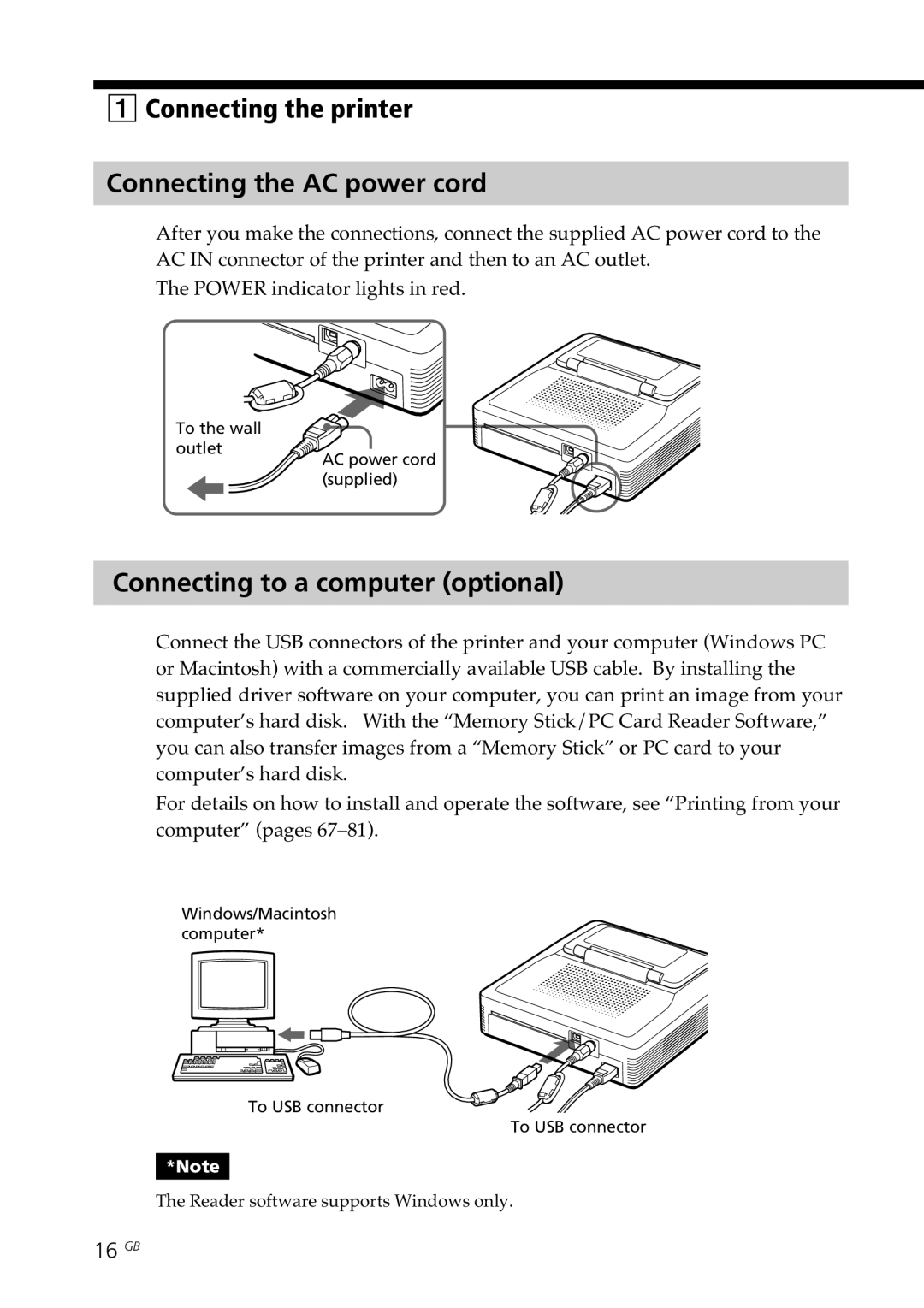 Sony DPP-SV77 manual Connecting the printer Connecting the AC power cord, Connecting to a computer optional, 16 GB 