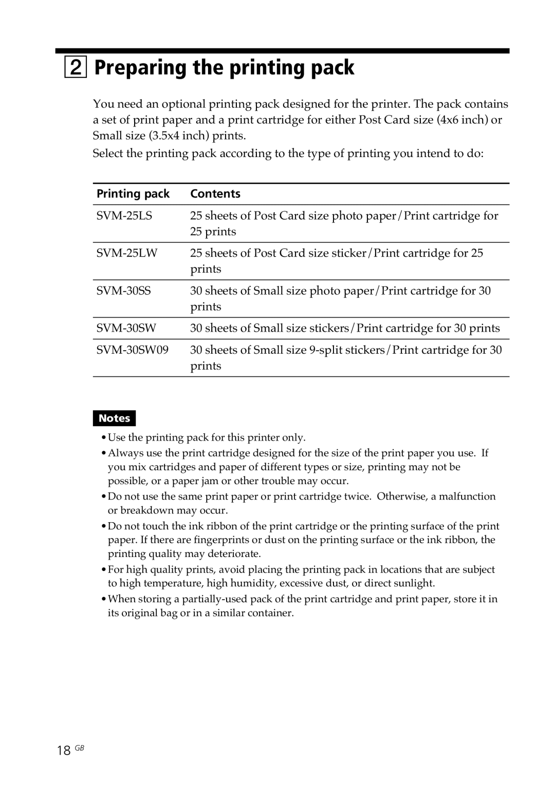 Sony DPP-SV77 manual Preparing the printing pack, 18 GB, Printing pack Contents 