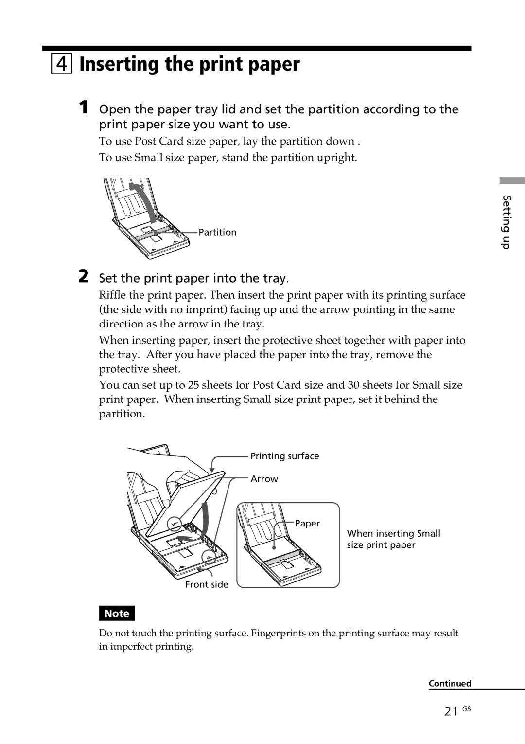 Sony DPP-SV77 manual Inserting the print paper, Set the print paper into the tray, 21 GB 