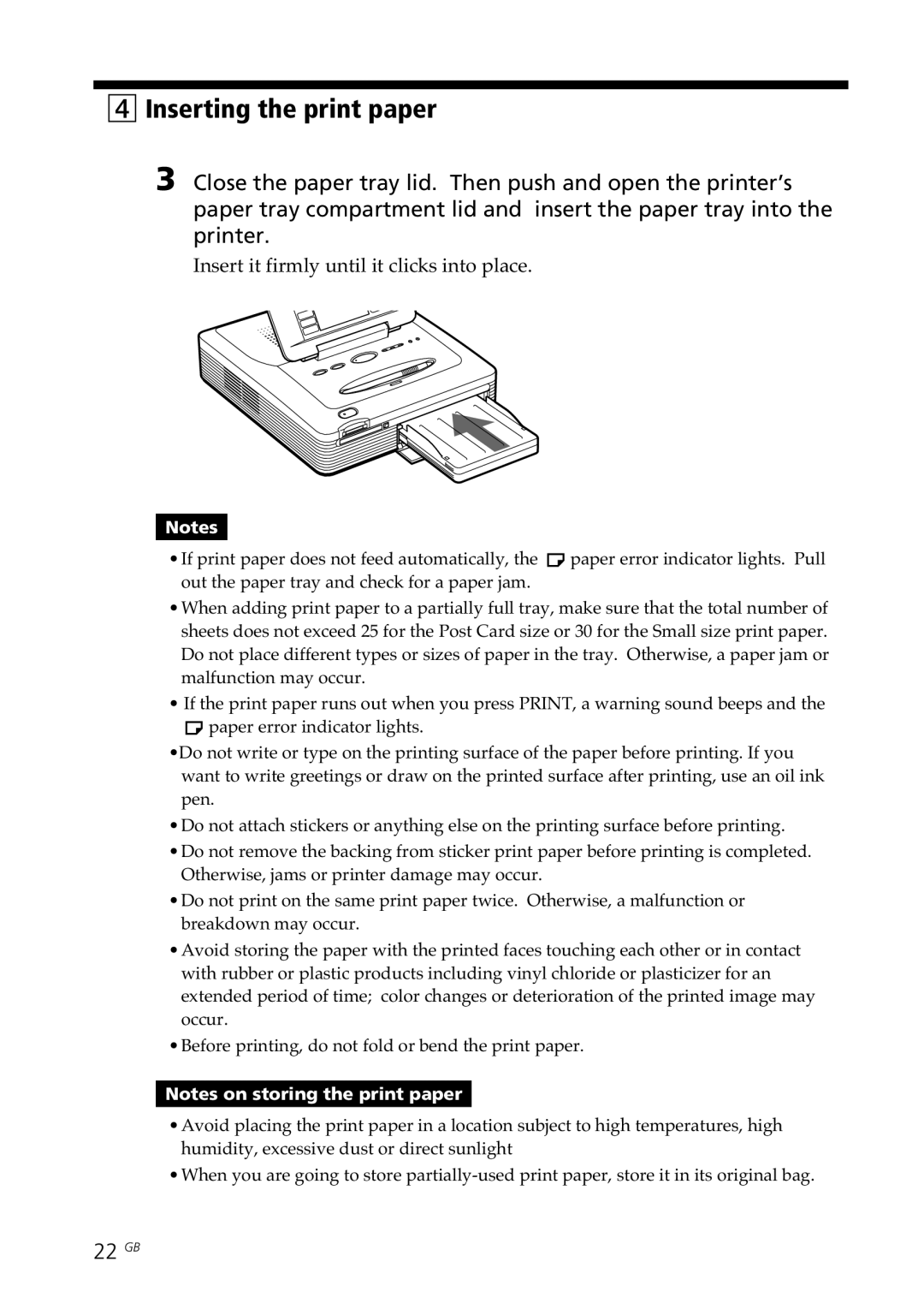 Sony DPP-SV77 manual Inserting the print paper, 22 GB 