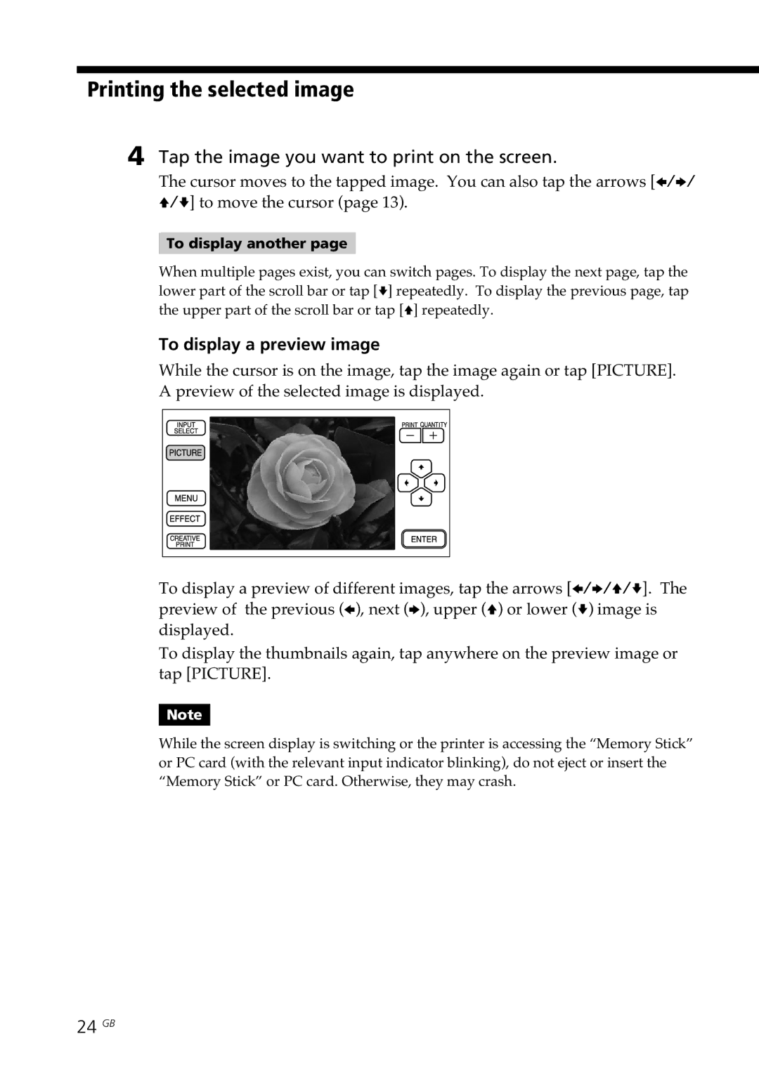 Sony DPP-SV77 manual Printing the selected image, Tap the image you want to print on the screen, To display a preview image 