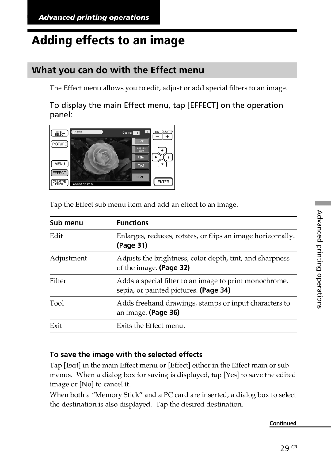 Sony DPP-SV77 manual Adding effects to an image, What you can do with the Effect menu, 29 GB, Sub menu Functions 