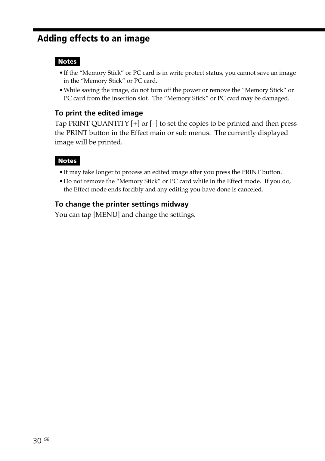 Sony DPP-SV77 manual Adding effects to an image, To print the edited image, To change the printer settings midway, 30 GB 