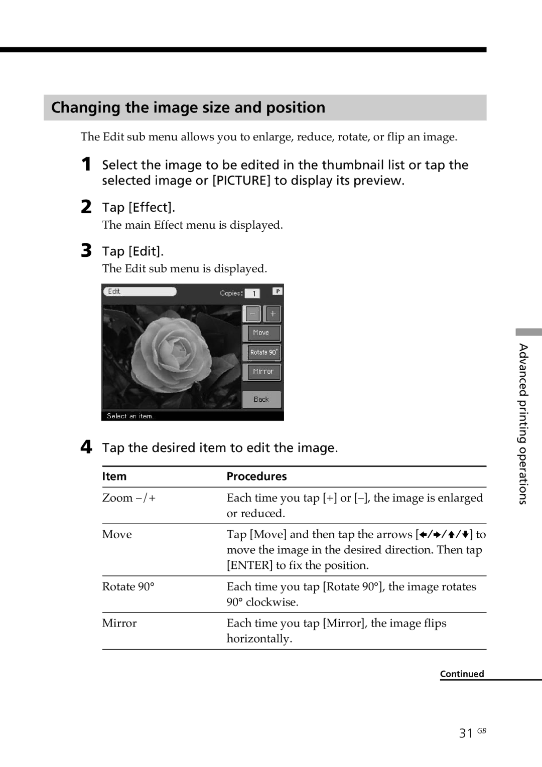 Sony DPP-SV77 Changing the image size and position, Tap Edit, Tap the desired item to edit the image, 31 GB, Procedures 