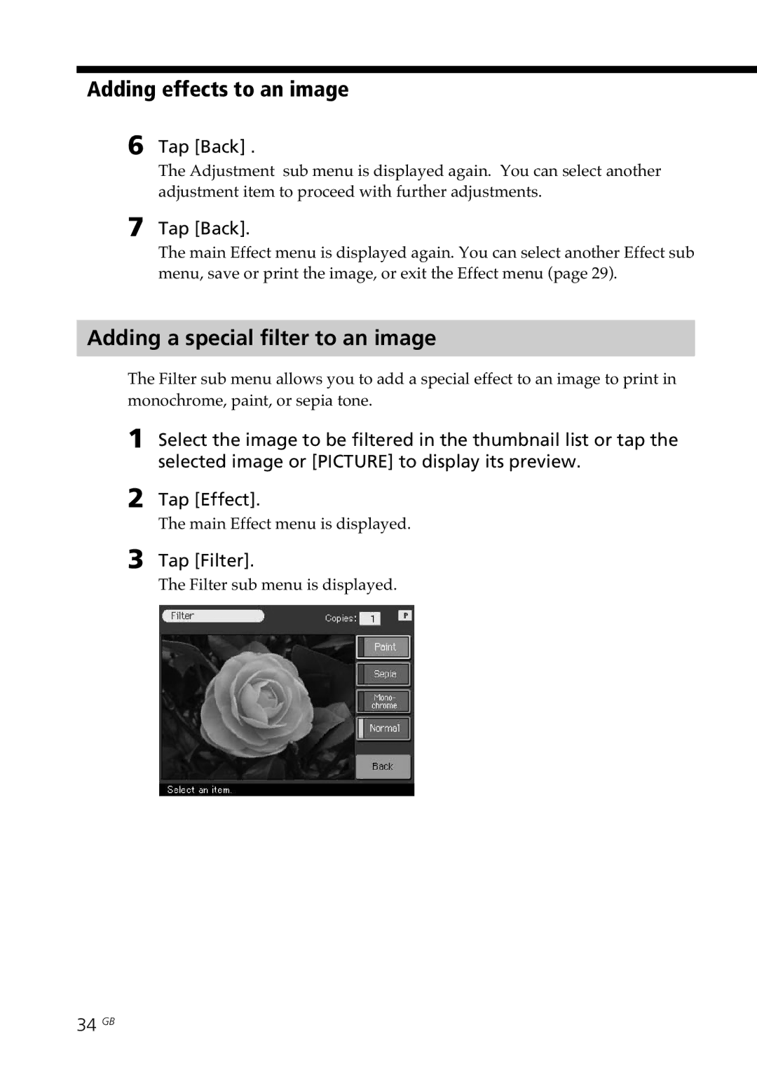 Sony DPP-SV77 manual Adding a special filter to an image, Tap Filter, 34 GB 