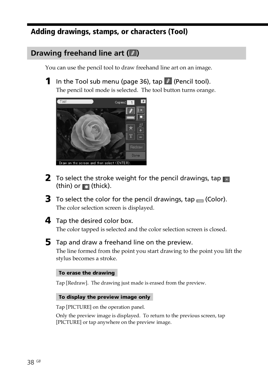 Sony DPP-SV77 Tool sub menu page 36, tap Pencil tool, To select the stroke weight for the pencil drawings, tap, 38 GB 