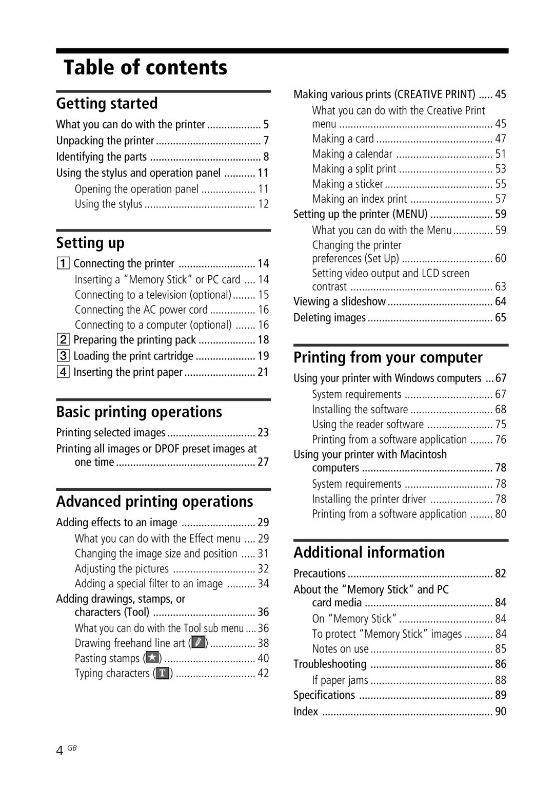 Sony DPP-SV77 manual Table of contents 