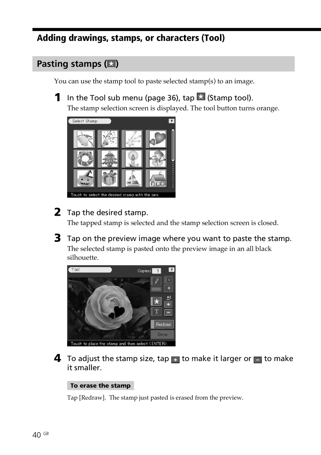 Sony DPP-SV77 Adding drawings, stamps, or characters Tool Pasting stamps, Tool sub menu page 36, tap Stamp tool, 40 GB 