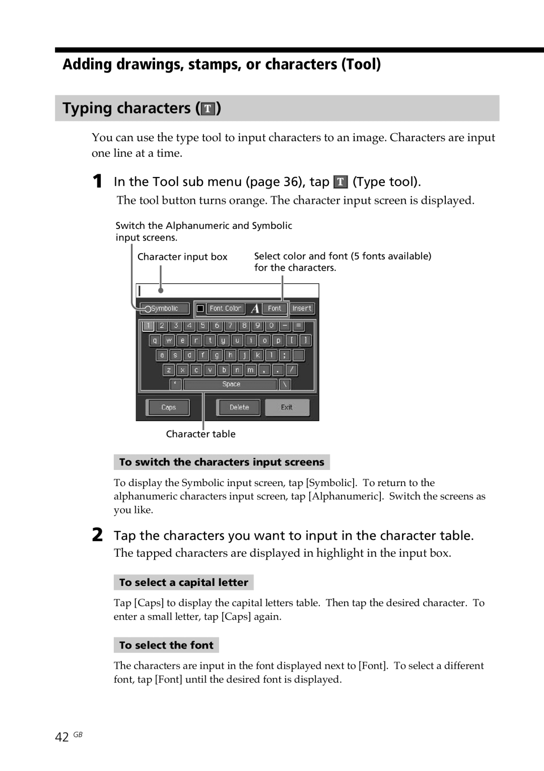 Sony DPP-SV77 Tool sub menu page 36, tap Type tool, Tap the characters you want to input in the character table, 42 GB 