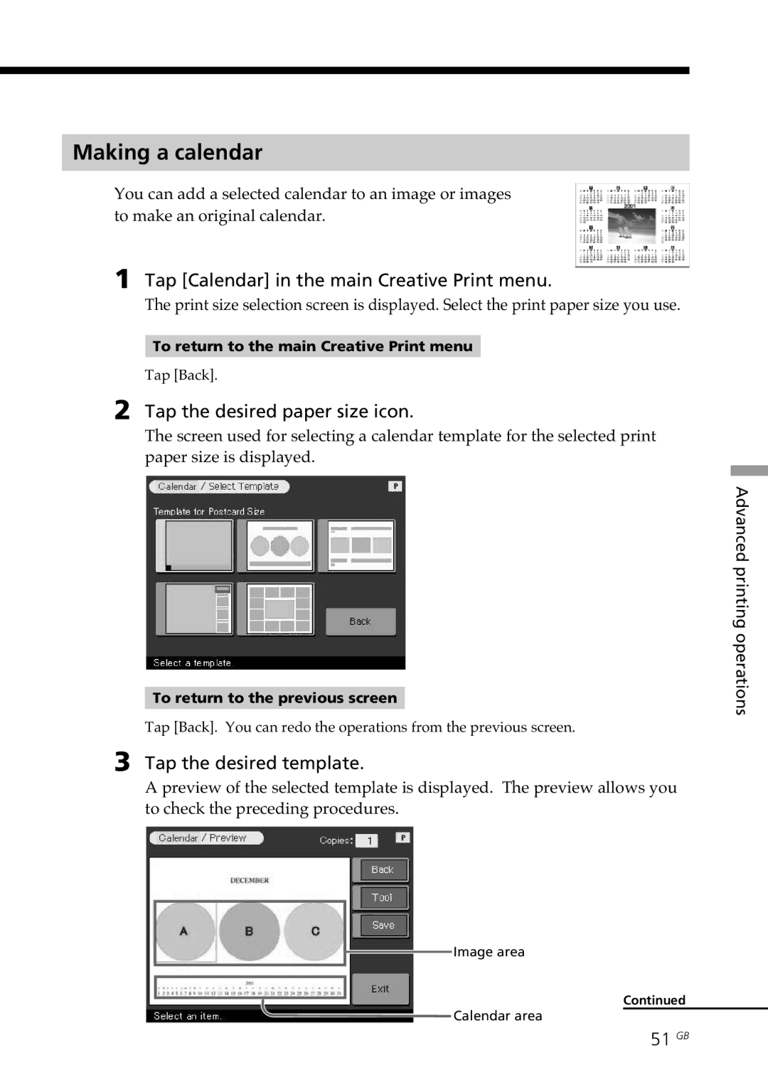 Sony DPP-SV77 manual Making a calendar, Tap Calendar in the main Creative Print menu, 51 GB 