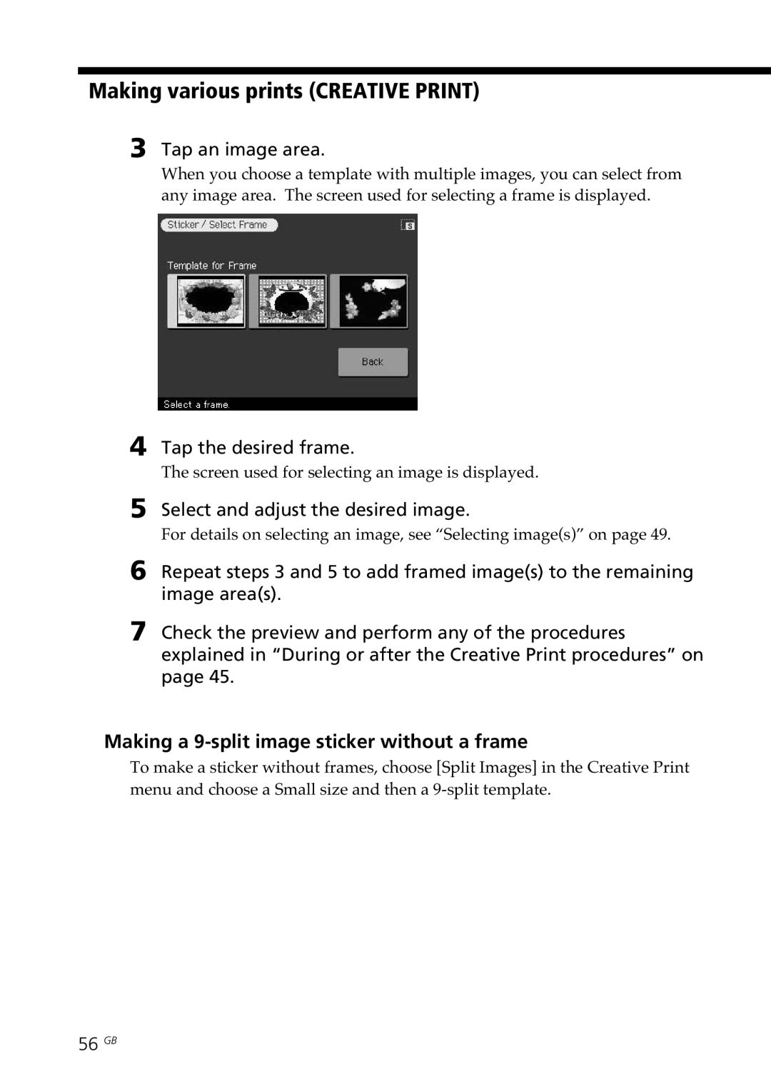 Sony DPP-SV77 Making a 9-split image sticker without a frame, Tap the desired frame, Select and adjust the desired image 