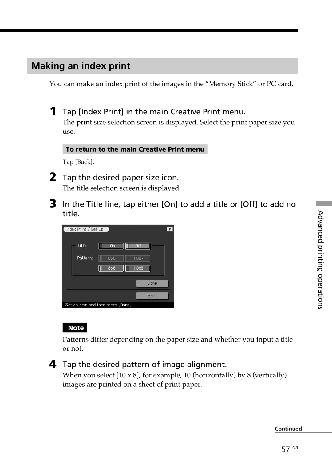 Sony DPP-SV77 manual Making an index print, Tap Index Print in the main Creative Print menu, 57 GB 