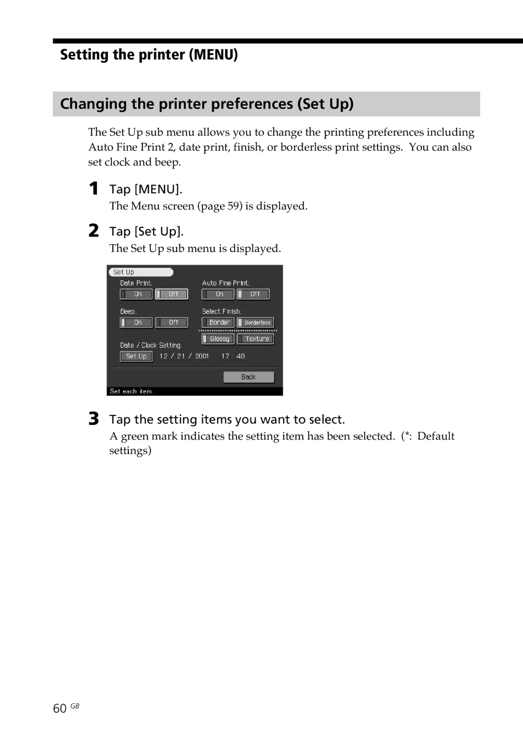 Sony DPP-SV77 manual Tap Menu, Tap Set Up, Tap the setting items you want to select, 60 GB 