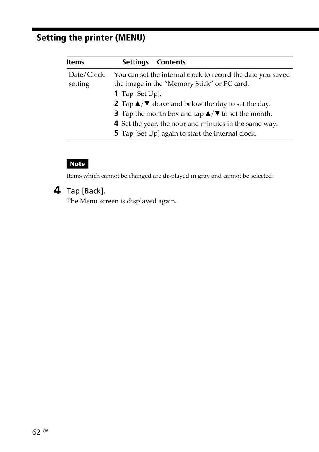 Sony DPP-SV77 manual Setting the printer Menu, 62 GB 