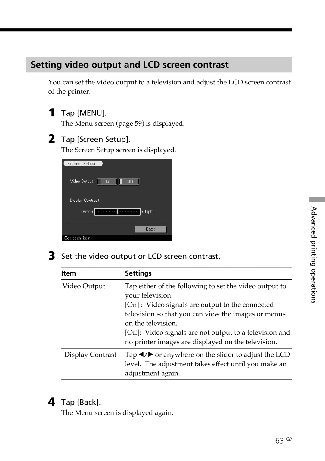 Sony DPP-SV77 Setting video output and LCD screen contrast, Tap Screen Setup, Set the video output or LCD screen contrast 