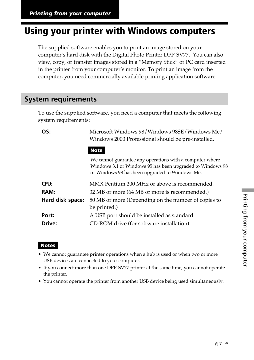 Sony DPP-SV77 manual Using your printer with Windows computers, System requirements, 67 GB 