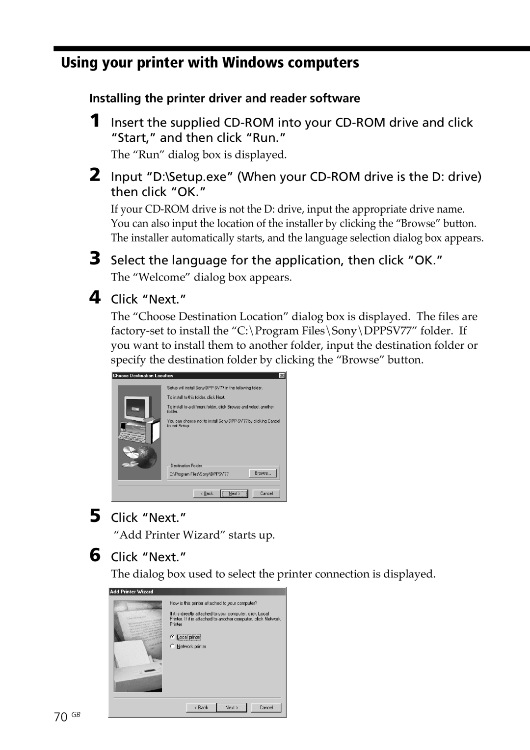 Sony DPP-SV77 manual Using your printer with Windows computers, Installing the printer driver and reader software, 70 GB 