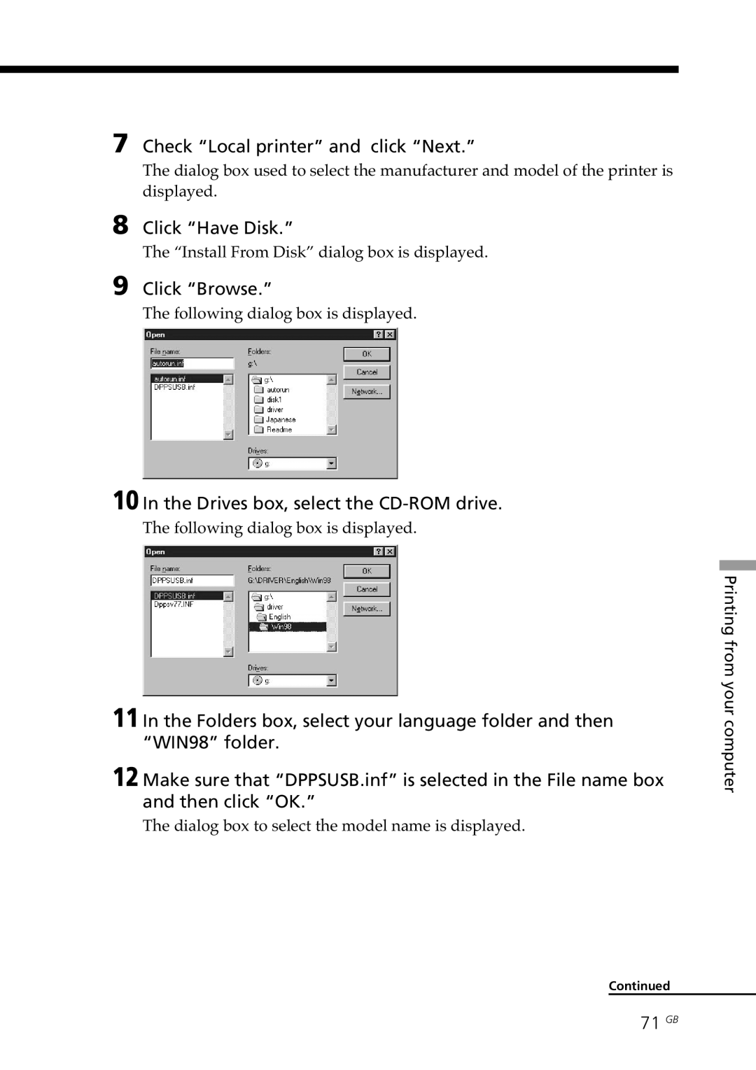 Sony DPP-SV77 manual Check Local printer and click Next, Click Have Disk, Click Browse, Drives box, select the CD-ROM drive 