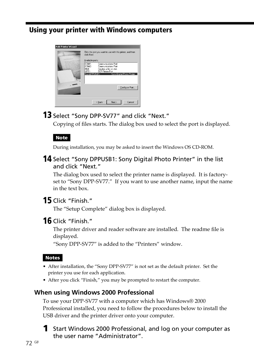 Sony manual When using Windows 2000 Professional, Select Sony DPP-SV77 and click Next 