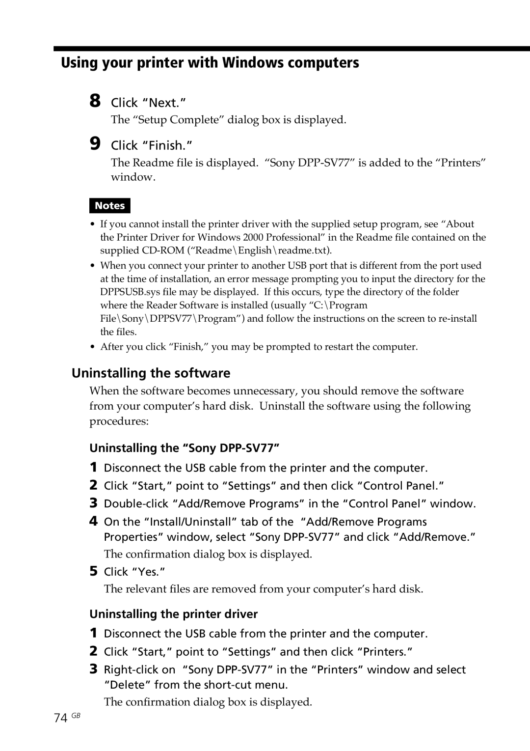Sony manual Uninstalling the software, Uninstalling the Sony DPP-SV77, Uninstalling the printer driver, 74 GB 
