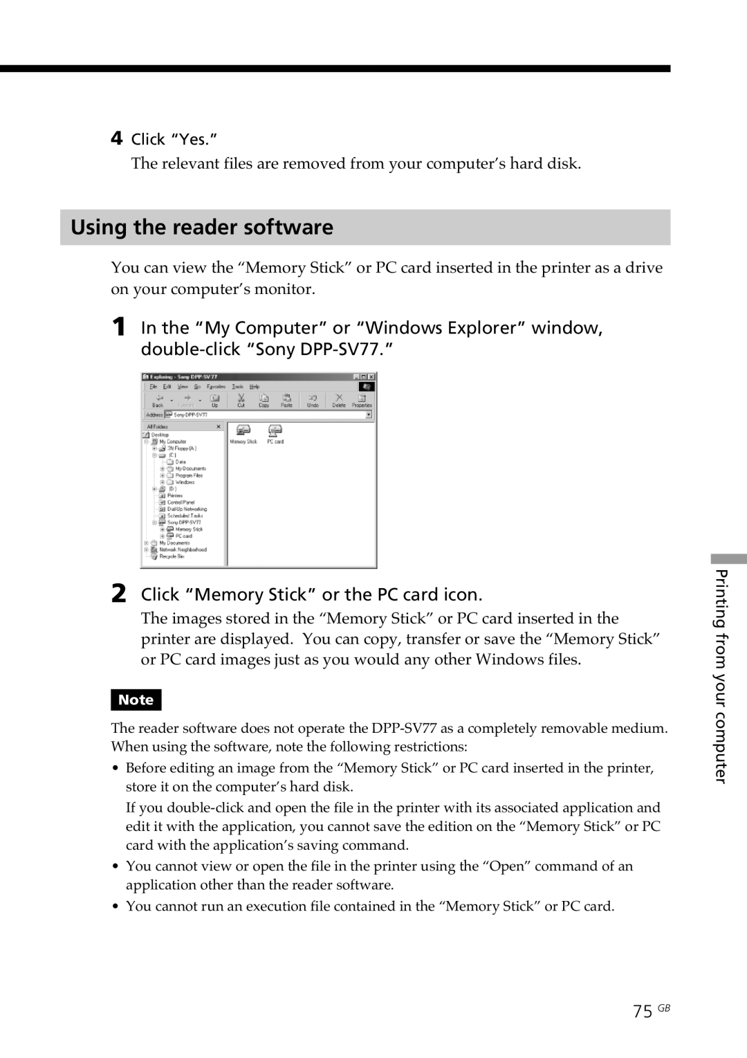 Sony DPP-SV77 manual Using the reader software, 75 GB 