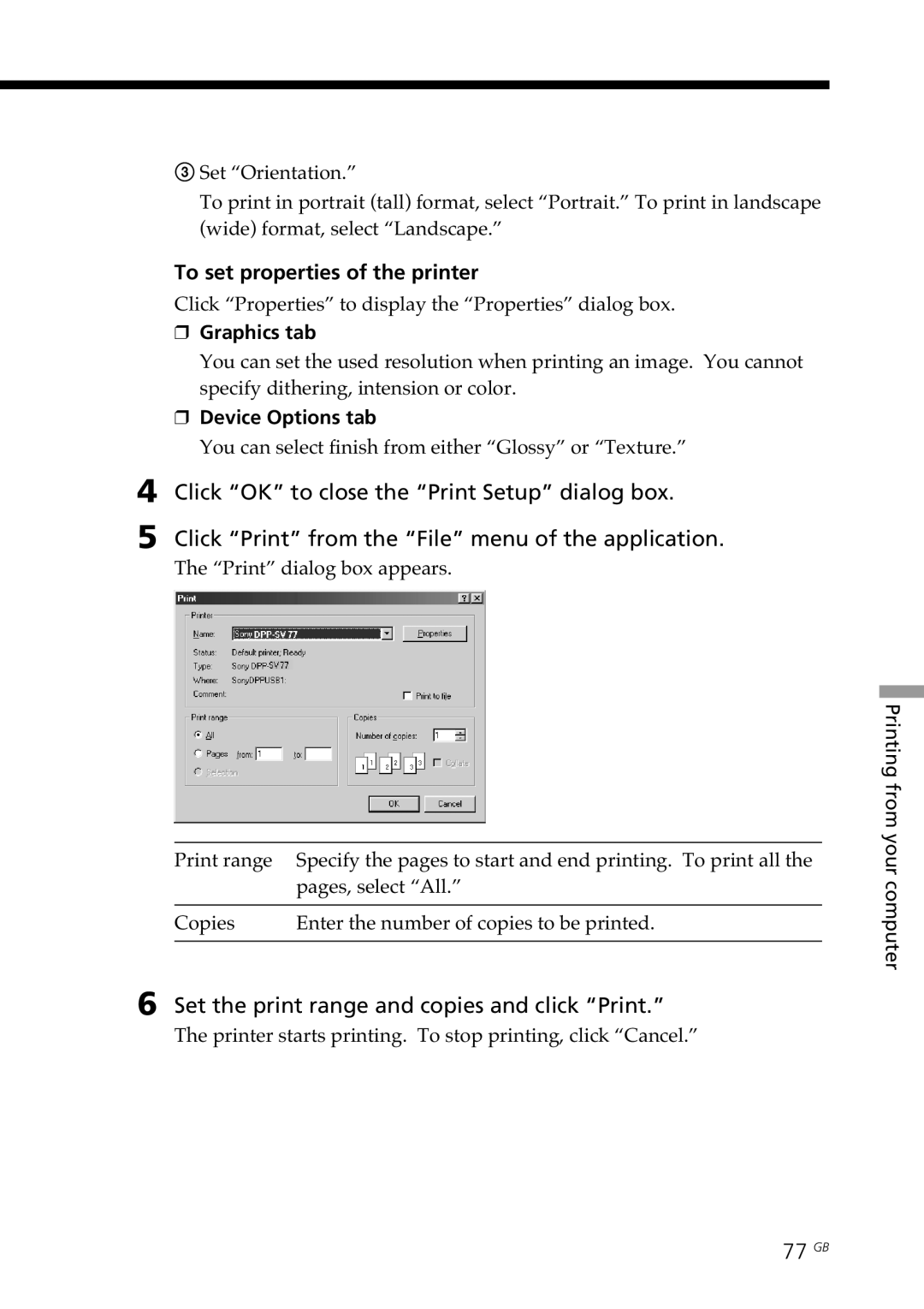 Sony DPP-SV77 manual To set properties of the printer, Set the print range and copies and click Print, 77 GB, Graphics tab 