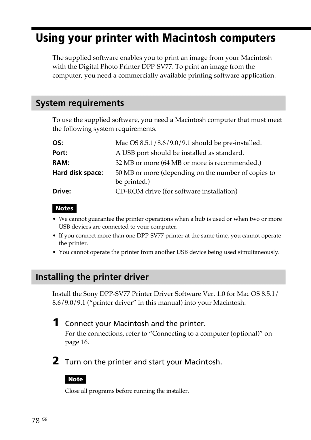 Sony DPP-SV77 manual Using your printer with Macintosh computers, Installing the printer driver, 78 GB 