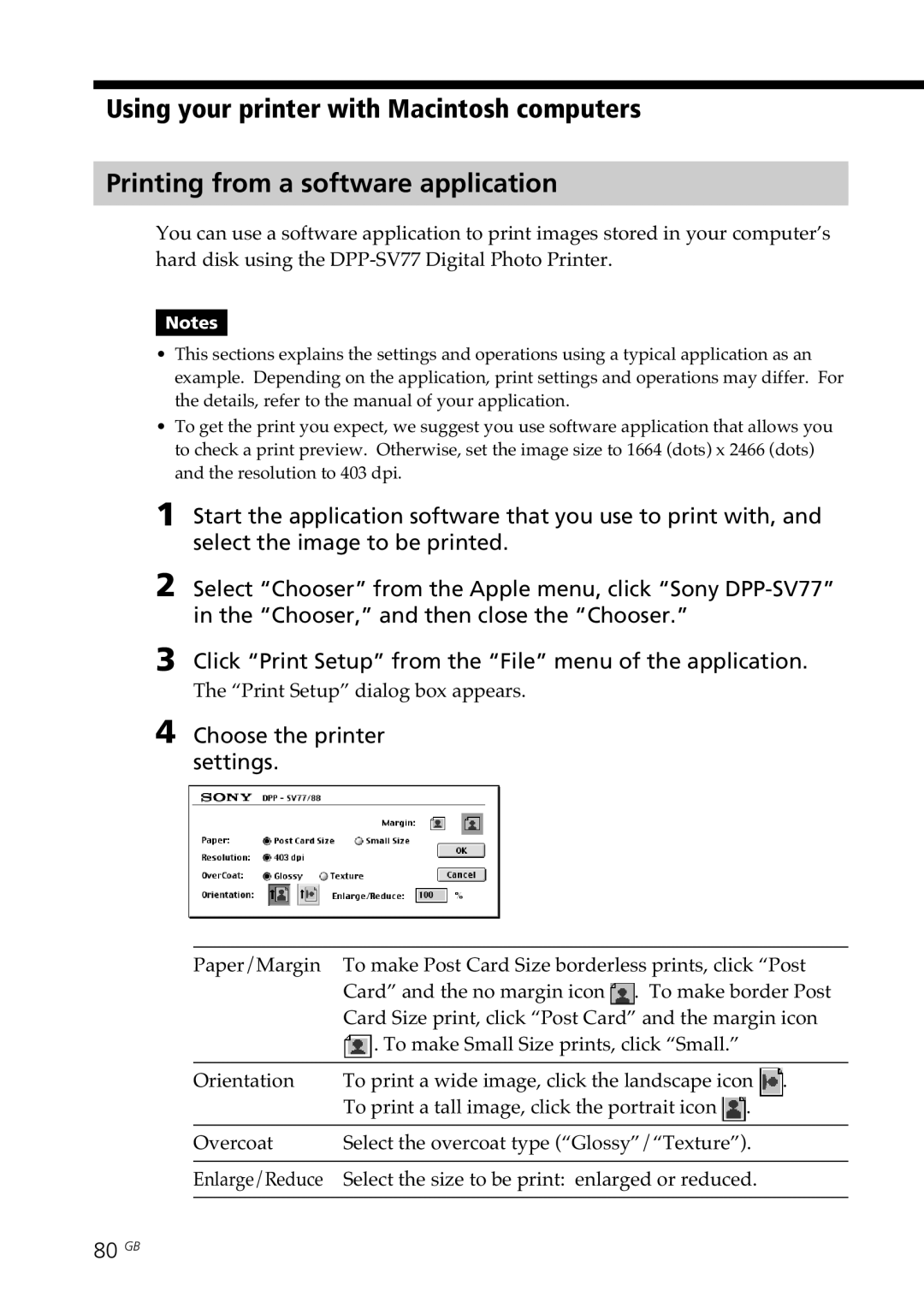 Sony DPP-SV77 manual Choose the printer settings, 80 GB 