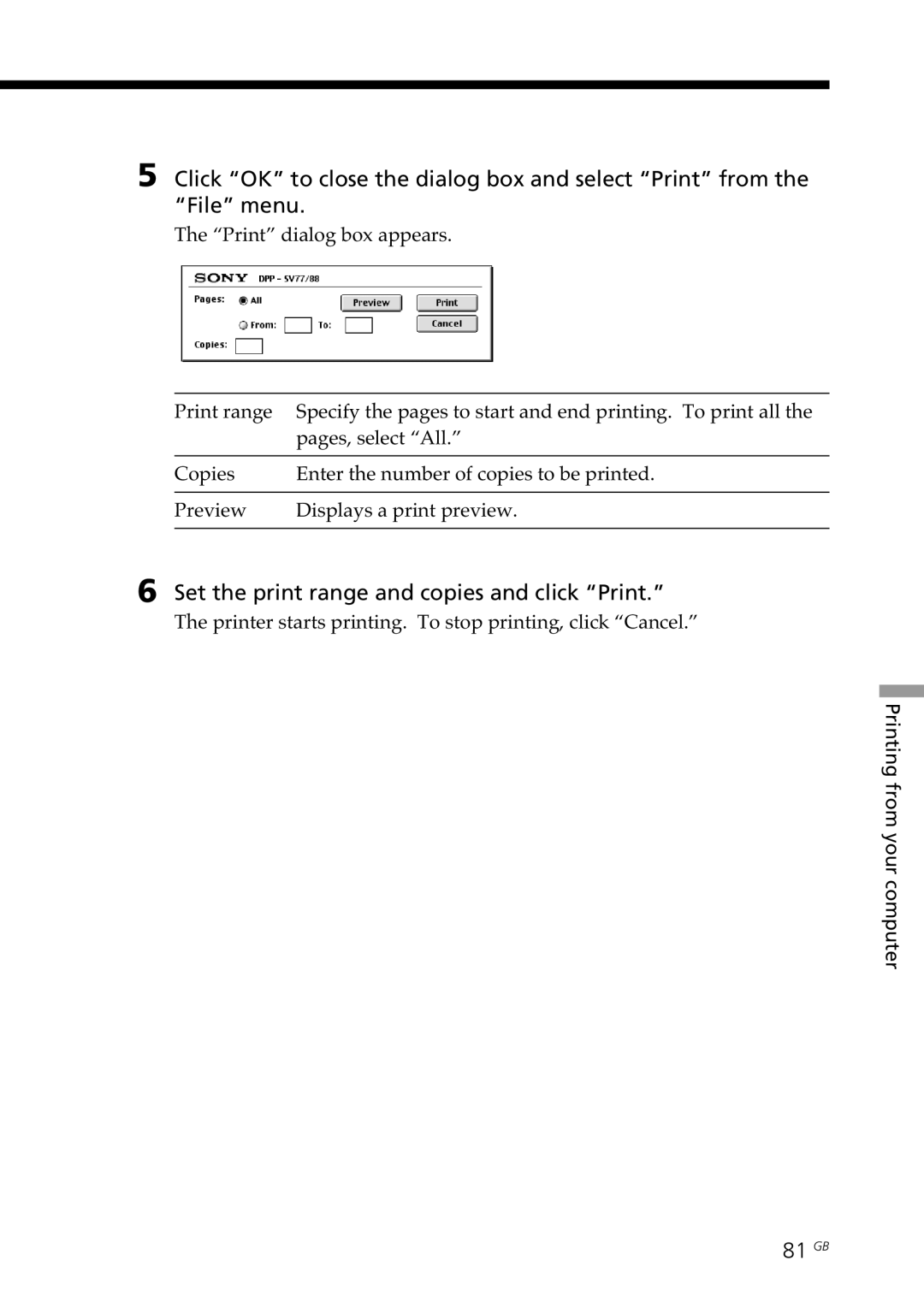 Sony DPP-SV77 manual Set the print range and copies and click Print, 81 GB 