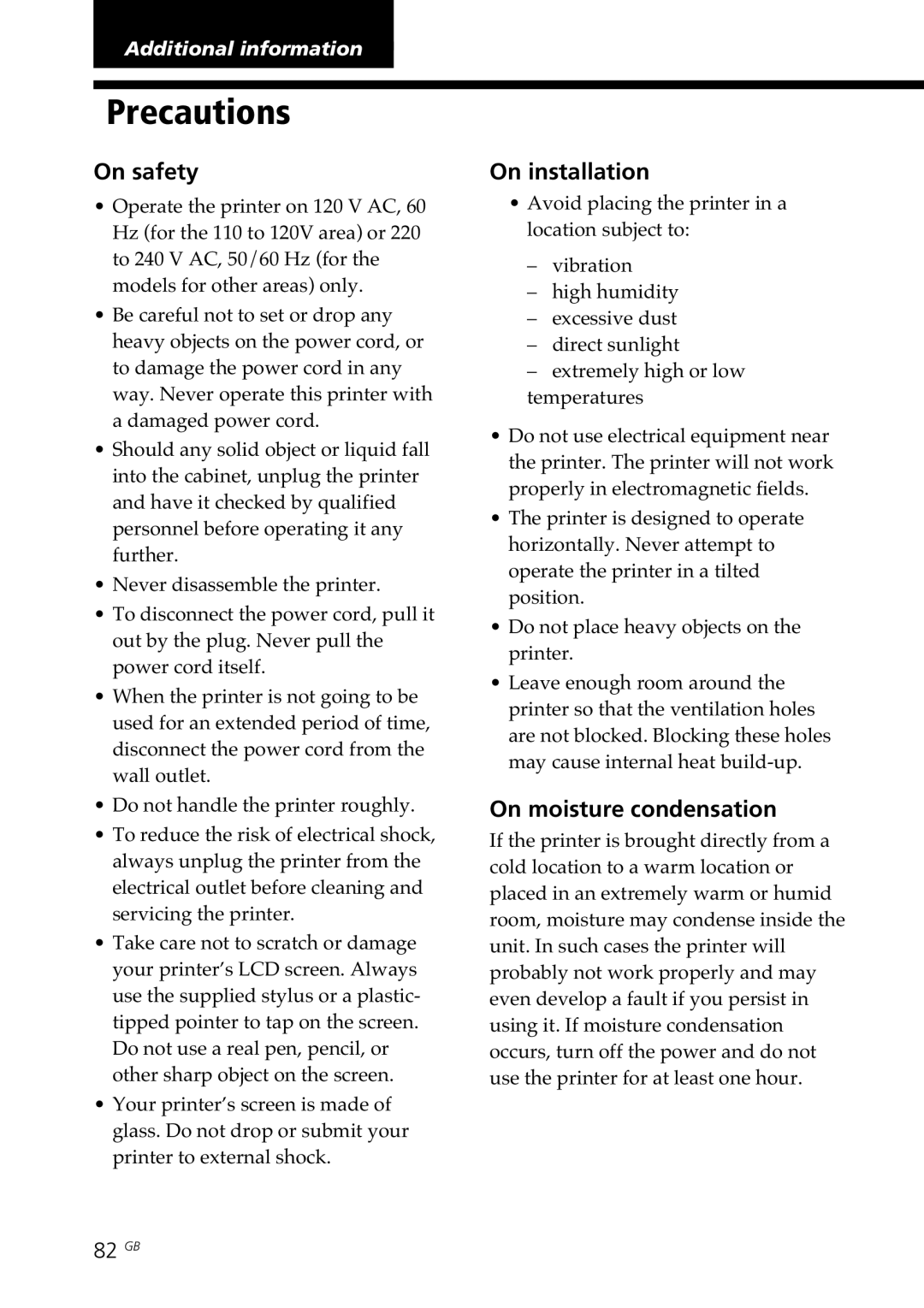 Sony DPP-SV77 manual Precautions, On safety, On installation, On moisture condensation, 82 GB 