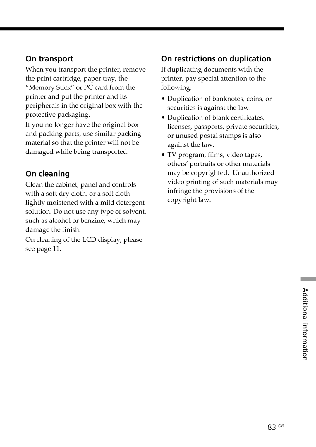 Sony DPP-SV77 manual On transport, On cleaning, On restrictions on duplication, 83 GB 