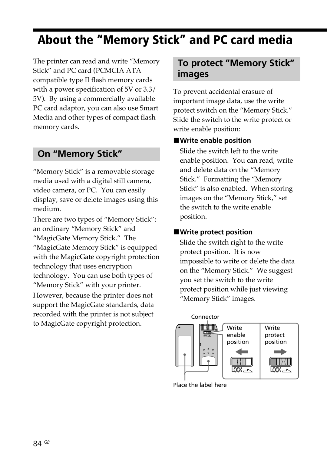 Sony DPP-SV77 manual About the Memory Stick and PC card media, On Memory Stick, To protect Memory Stick Images, 84 GB 