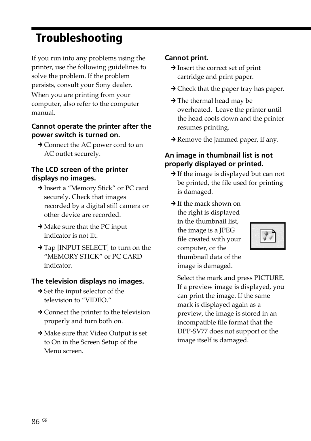 Sony DPP-SV77 Troubleshooting, LCD screen of the printer displays no images, Television displays no images, Cannot print 