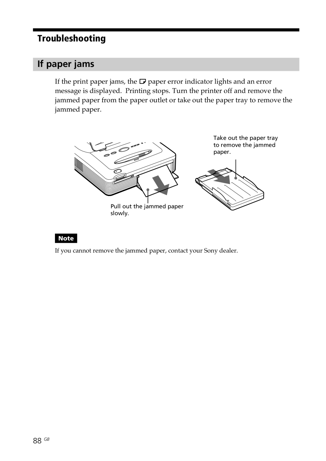 Sony DPP-SV77 manual Troubleshooting If paper jams, 88 GB 