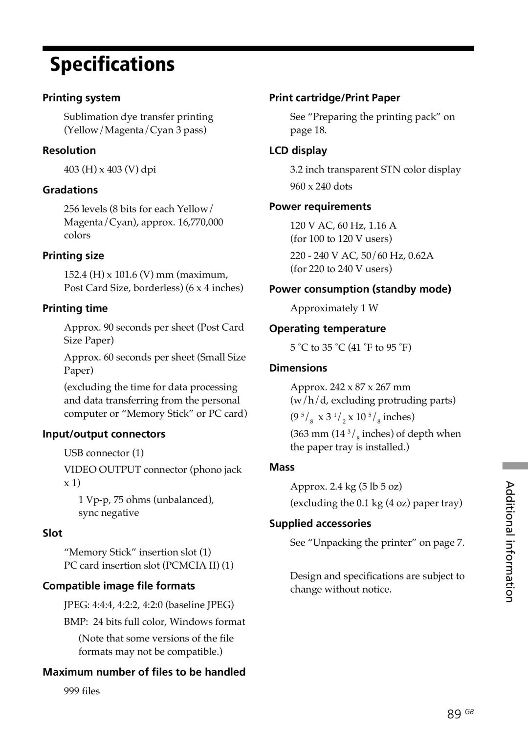 Sony DPP-SV77 manual Specifications, 89 GB 