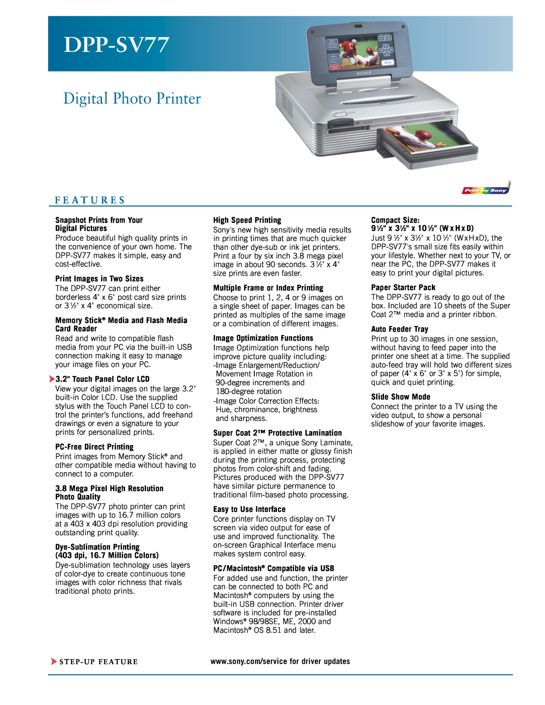 Sony DPP-SV77 manual F E A T U R E S, Digital Photo Printer 