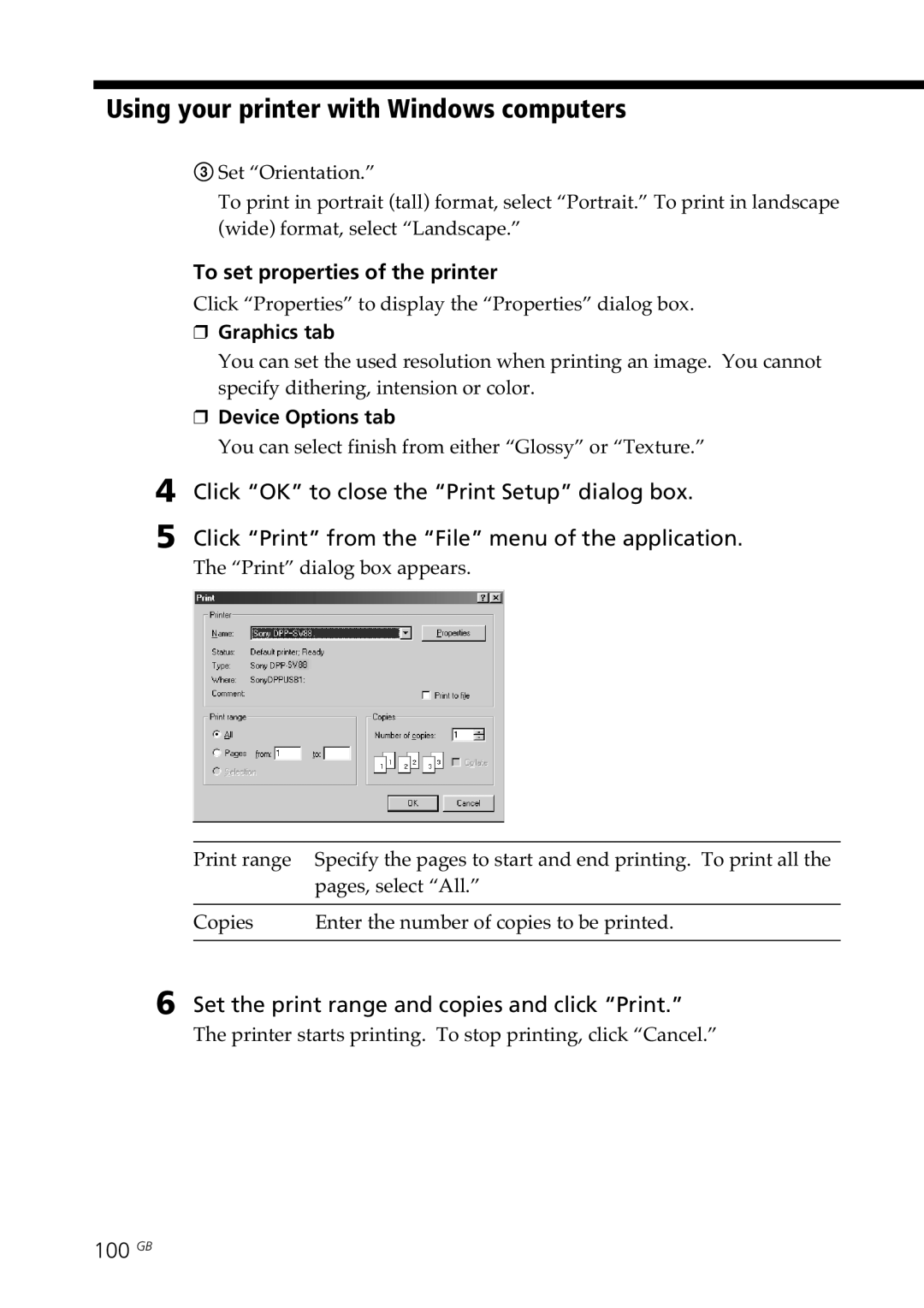 Sony DPP-SV88 To set properties of the printer, Set the print range and copies and click Print, 100 GB, Graphics tab 