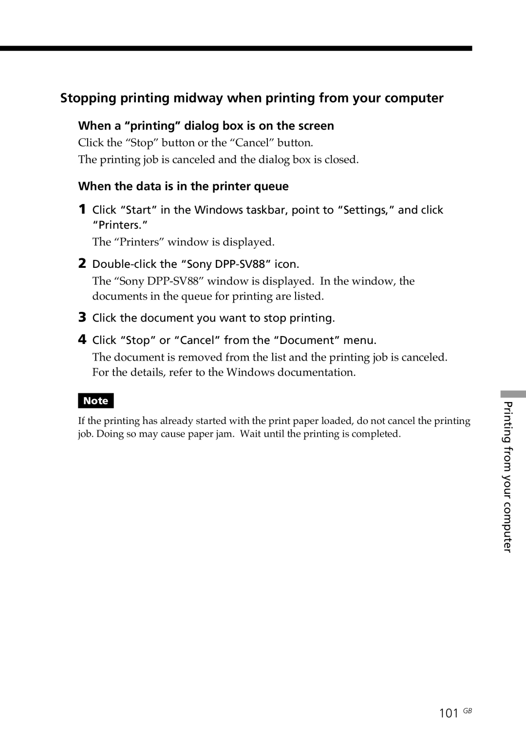 Sony DPP-SV88 Stopping printing midway when printing from your computer, When a printing dialog box is on the screen 