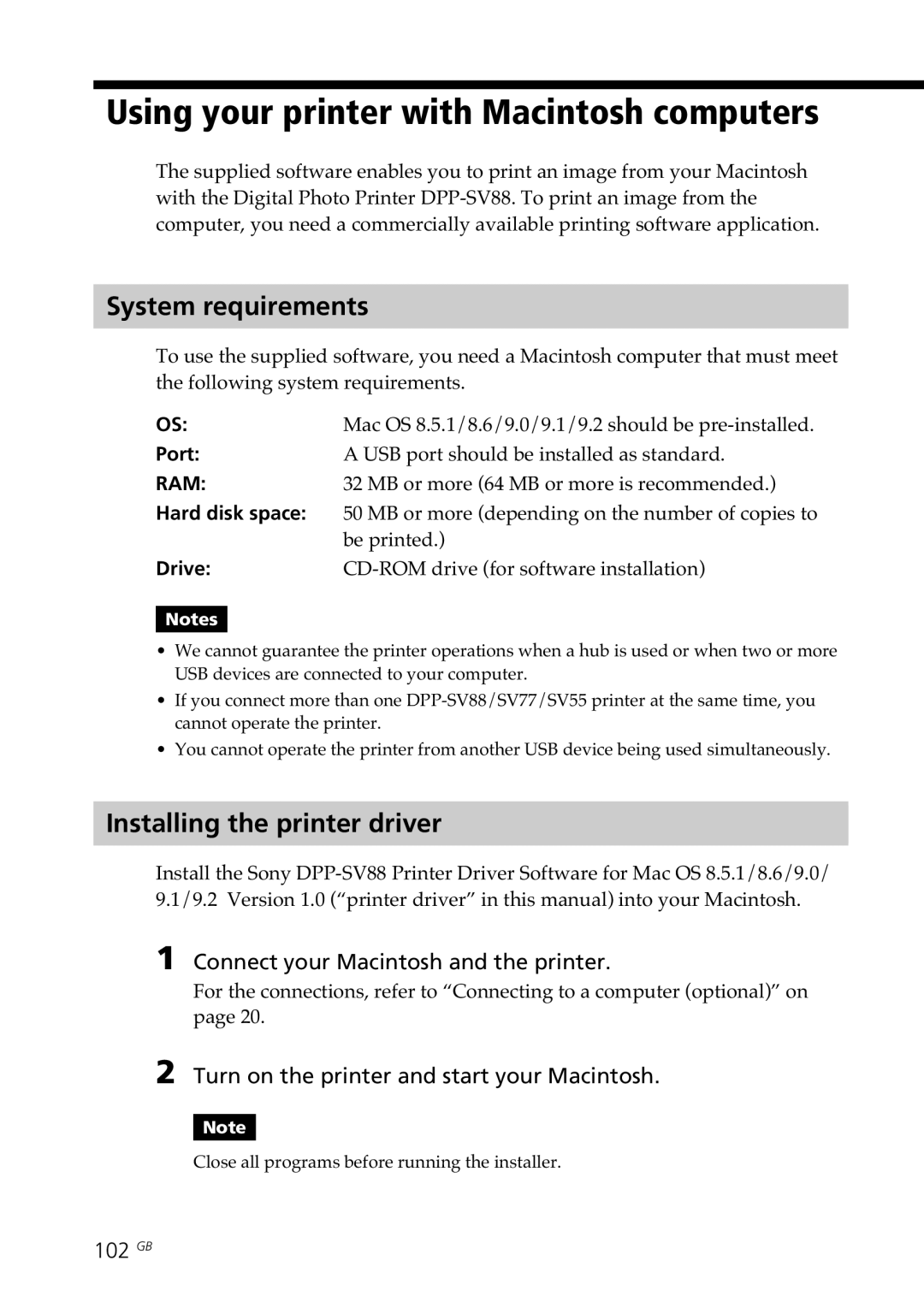 Sony DPP-SV88 operating instructions Using your printer with Macintosh computers, Installing the printer driver, 102 GB 