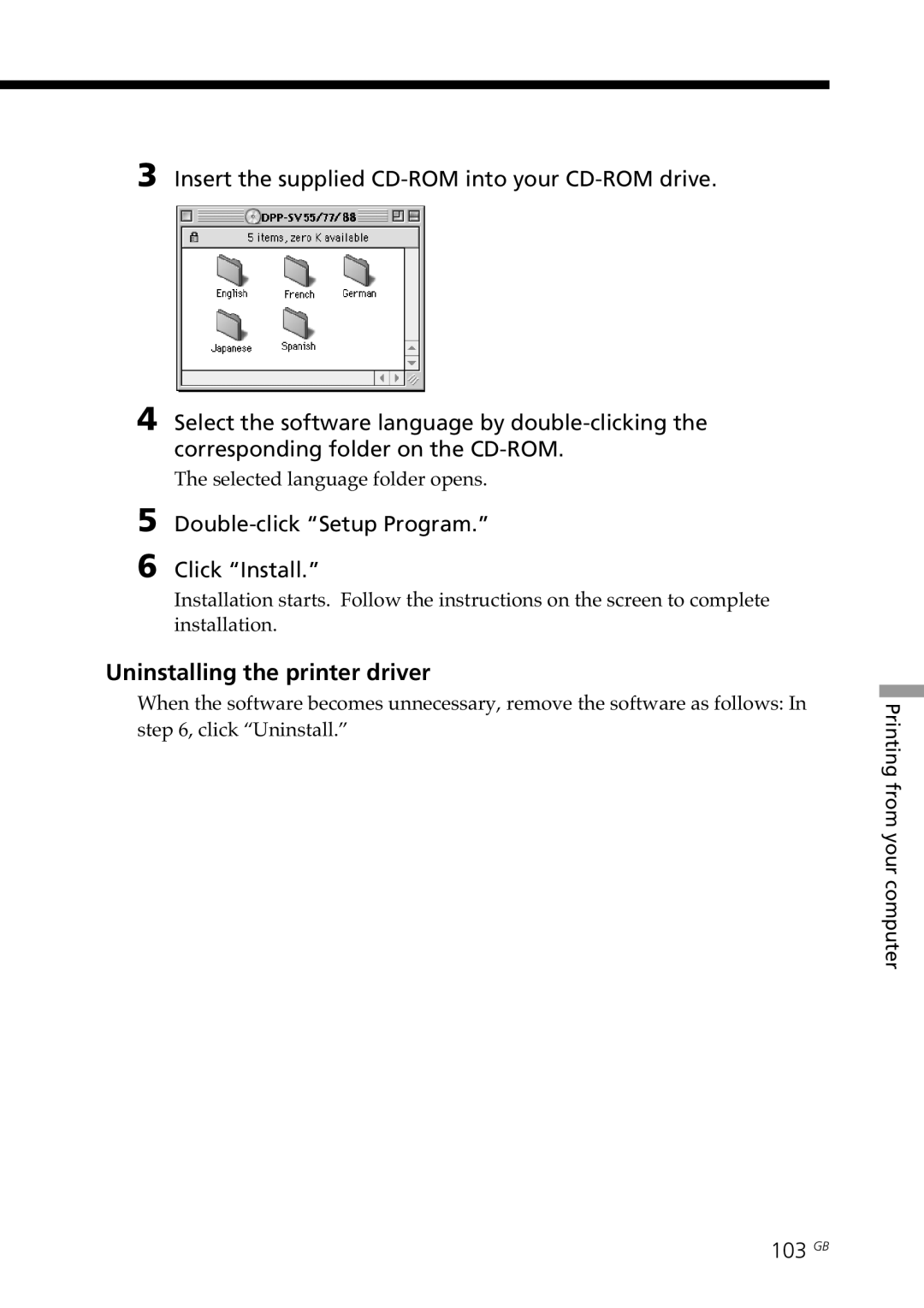 Sony DPP-SV88 operating instructions Uninstalling the printer driver, Double-click Setup Program Click Install, 103 GB 